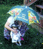 Elizabeth, Molly under umbrella.